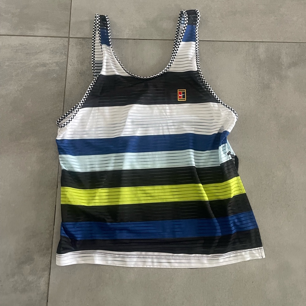 Nike Dri-FIT Striped Tennis Tank in Black, White, and Blue